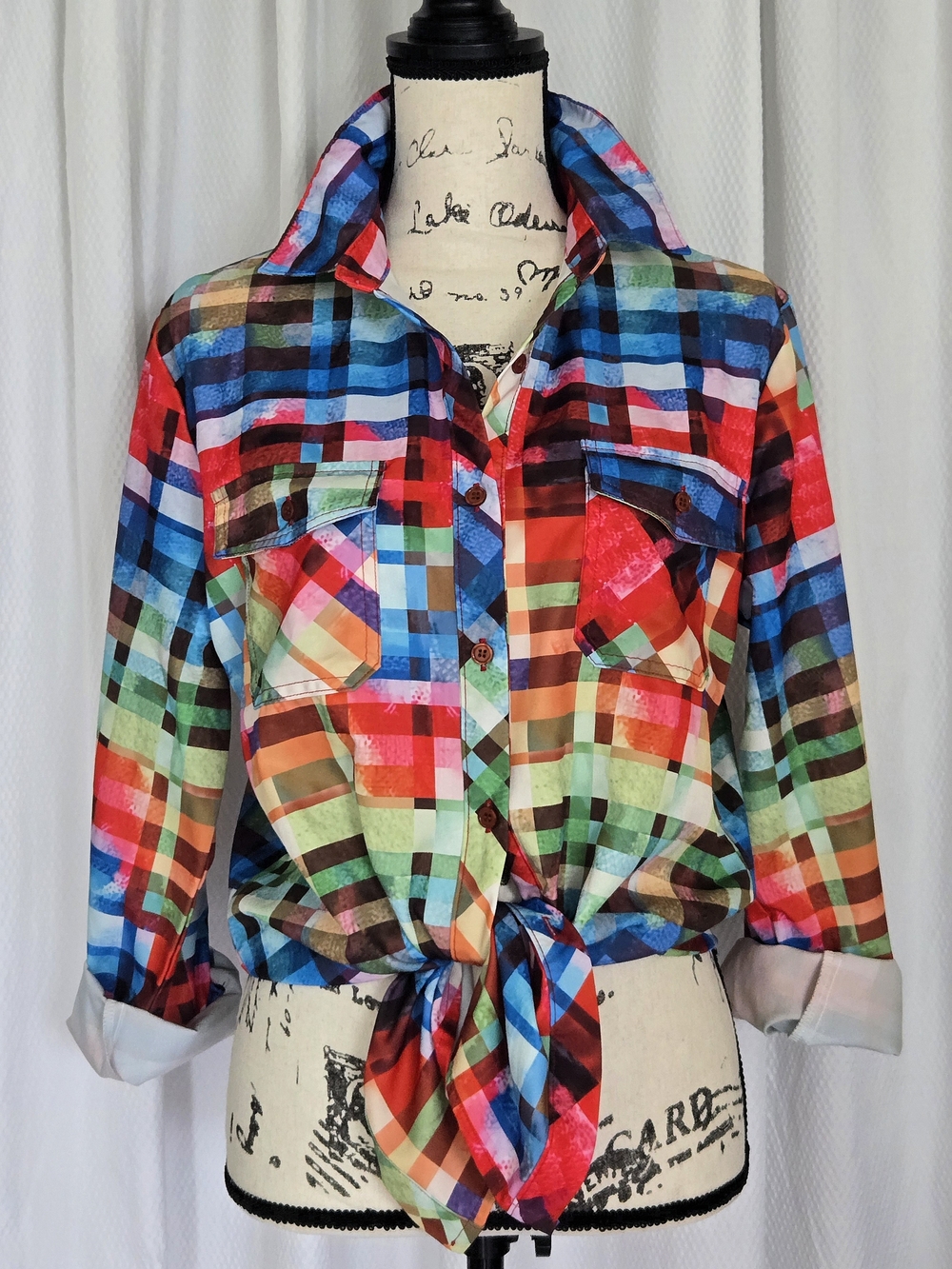 Vibrant Rainbow Plaid Colorblock Print Button Down Shirt Long Sleeve Blouse Sz M